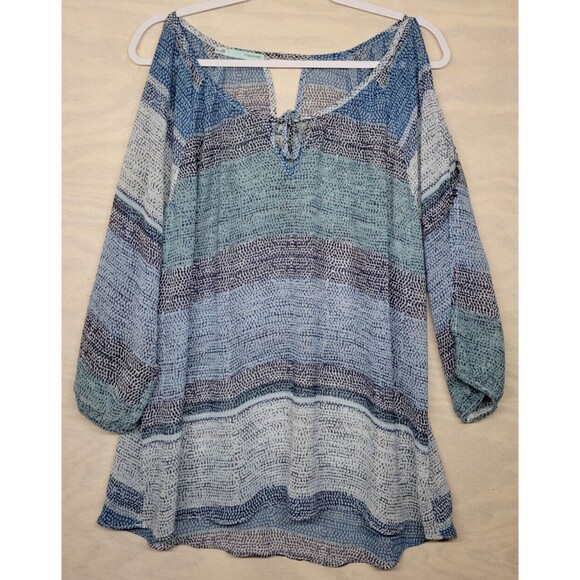 Maurices Womens SZ XL Sheer Blouse 3/4 Sleeve Cold Shoulder Blue Chambray Stripe - Picture 1 of 10